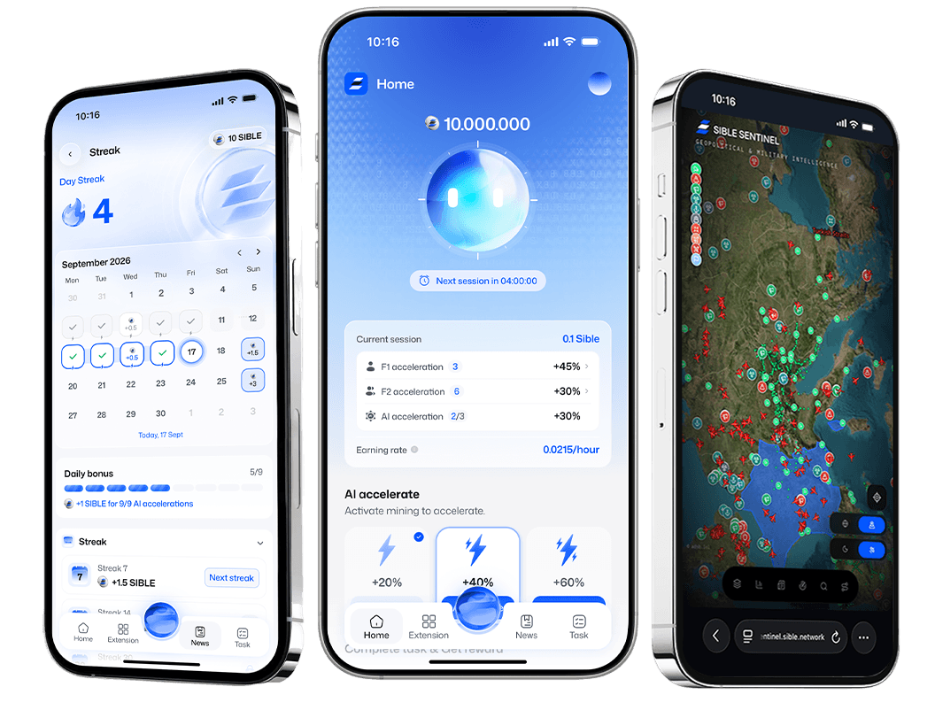 Sible mobile mining app preview on three phones